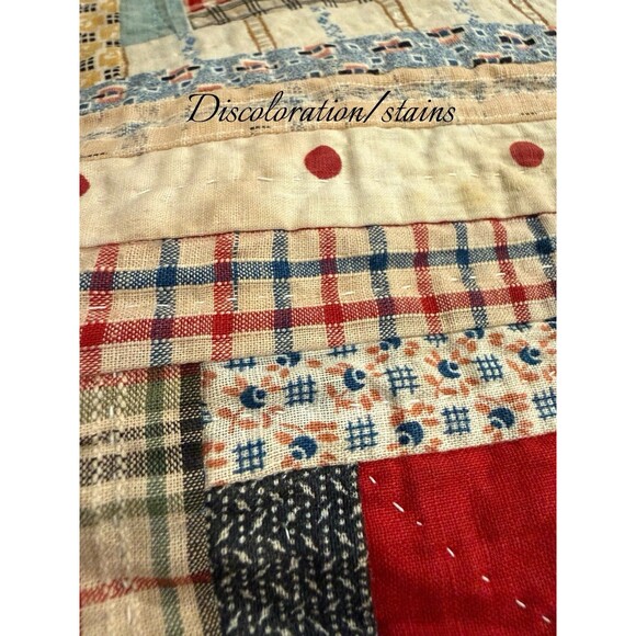 Antique Log Cabin Quilt Reversible Twin/full Blue Trim Floral Back 81” X 64” - Picture 12 of 16